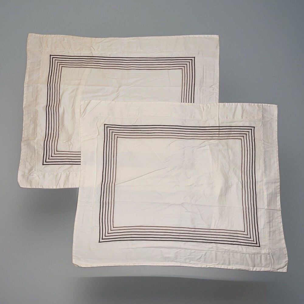 Barbacci Italy Two Standard Pillow Shams 6 Brown Embroidery Border Stripes Ivory